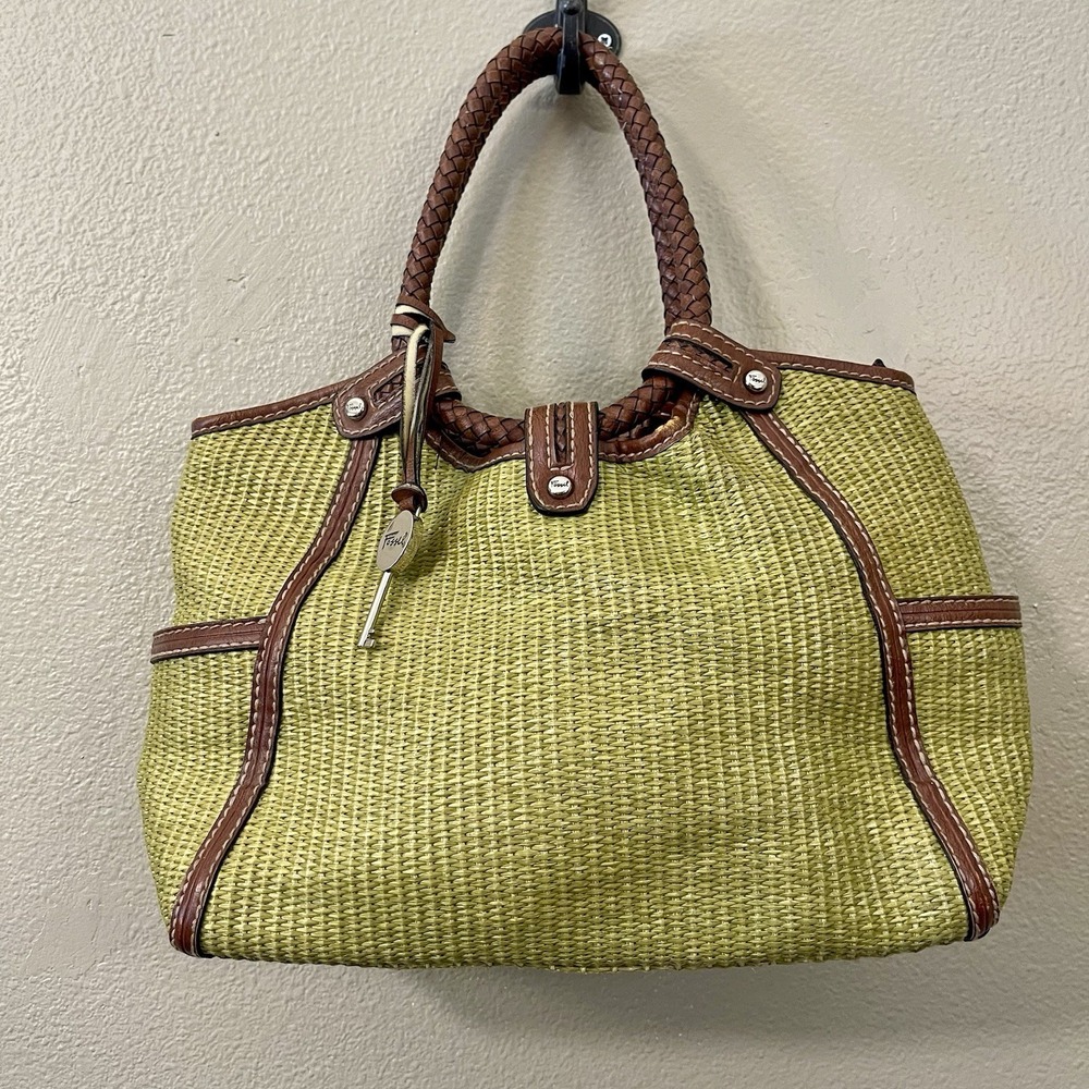 VTG Fossil Chartreuse Woven Straw Bag Leather Trim Braided Handle Y2K Green
